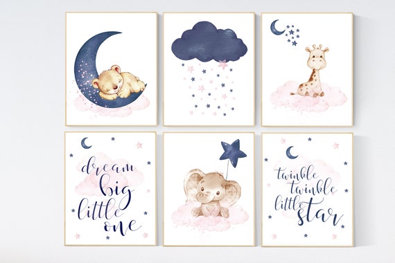 Nursery decor animals, pink and navy nursery art, navy pink, stars, moon, cloud, twin nursery, gender neutral, dream big little one