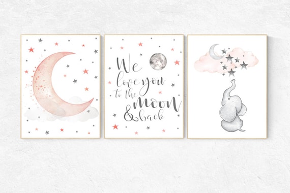 Nursery decor elephant, Nursery decor girl coral, we love you to the moon and back, cloud and stars, moon and stars nursery, coral and gray