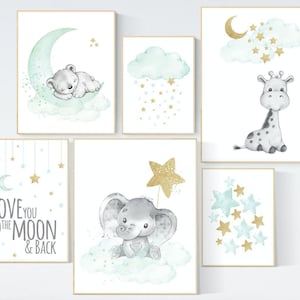 Nursery decor mint gold, mint green and gold, elephant, giraffe, bear nursery, we love you to the moon and back, gender neutral nursery