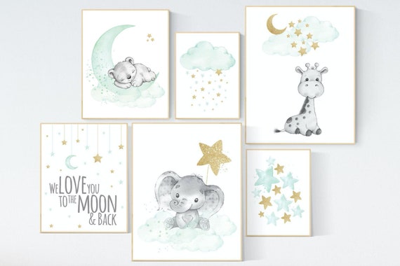 Nursery decor mint gold, mint green and gold, elephant, giraffe, bear nursery, we love you to the moon and back, gender neutral nursery