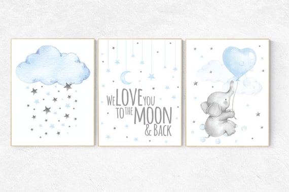 Baby Boy Nursery, Watercolor Animal Prints, Blue and Gray, Elephant Nursery Art, moon and back, Elephants Moon and Stars, Boy Nursery Art