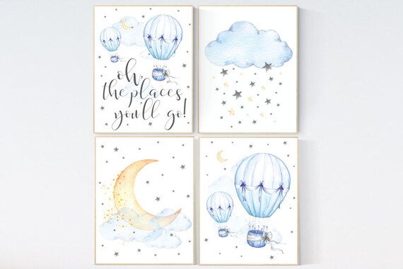 Nursery decor hot air balloons, cloud nursery decor, Oh the places you'll go, Nursery decor neutral, moon and stars nursery gender neutral