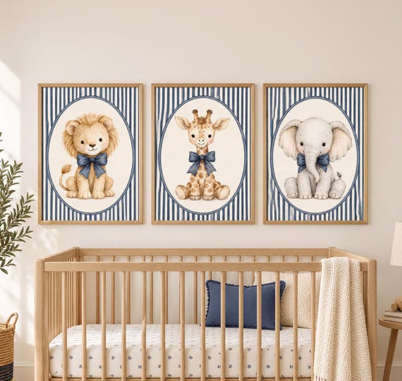 Navy Blue Safari Nursery Wall Art Set of 3, Lion Giraffe Elephant Prints