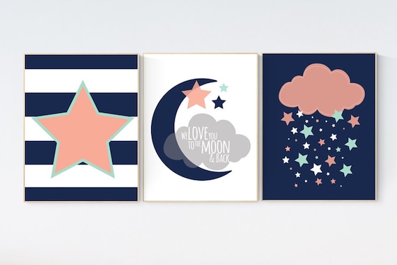 Nursery decor girl navy mint coral, nursery decor girl navy, nursery wall art, nursery prints girl, moon and stars, Navy Mint Coral