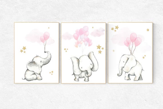 Pink gold nursery decor, nursery decor elephant, nursery decor pink and gold, animal prints, nursery decor girl elephant, baby room, gold