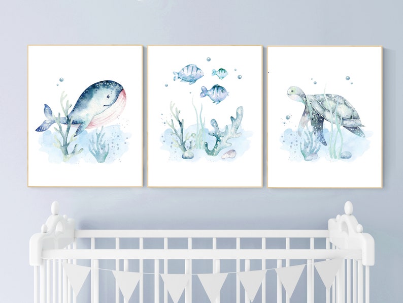 Ocean nursery decor, Nautical nursery print set, under the sea nursery, gender neutral nursery, ocean, nautical, Under the sea wall art image 1