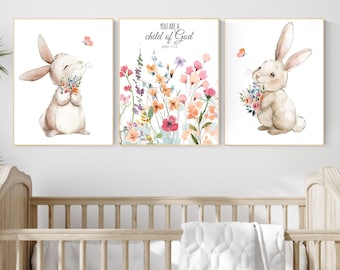 Hasen Kinderzimmer Kunstdrucke: Aquarell Hase & Blumen Set