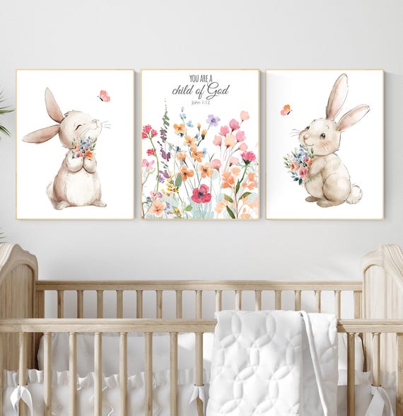 Bunny Nursery Art Prints: Watercolor Rabbit & Floral Set