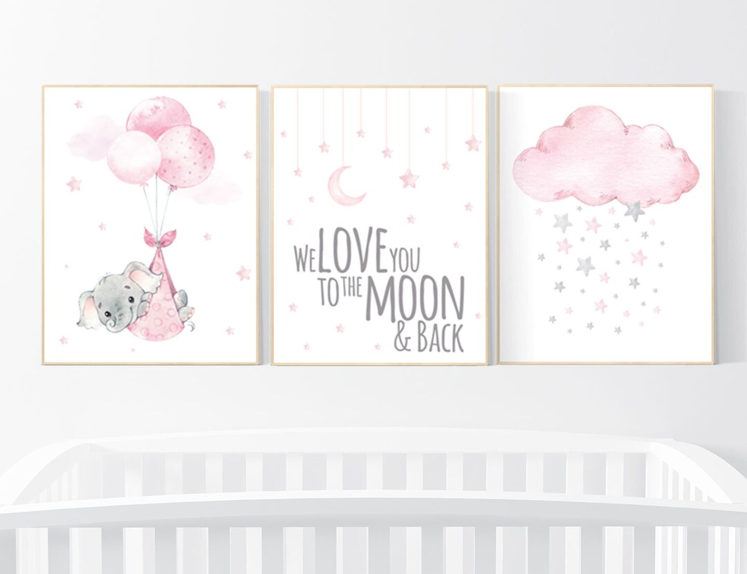 Nursery Decor Elephant, Baby Room Decor Girl, Nursery Wall Art Elephant
