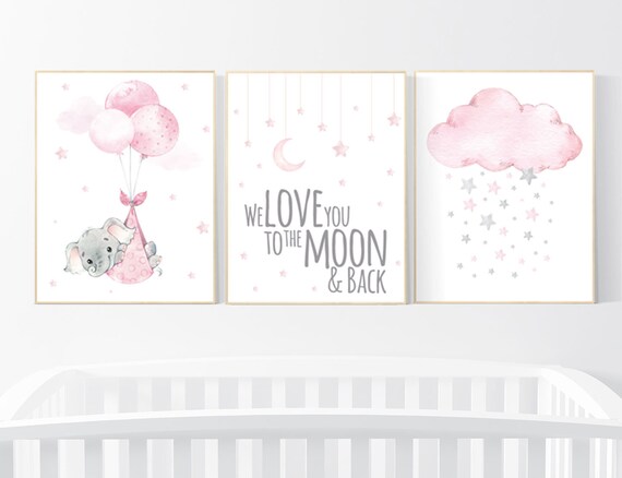 Nursery decor elephant, baby room decor girl, nursery wall art elephant, pink gray, nursery prints elephant we love you to the moon and back