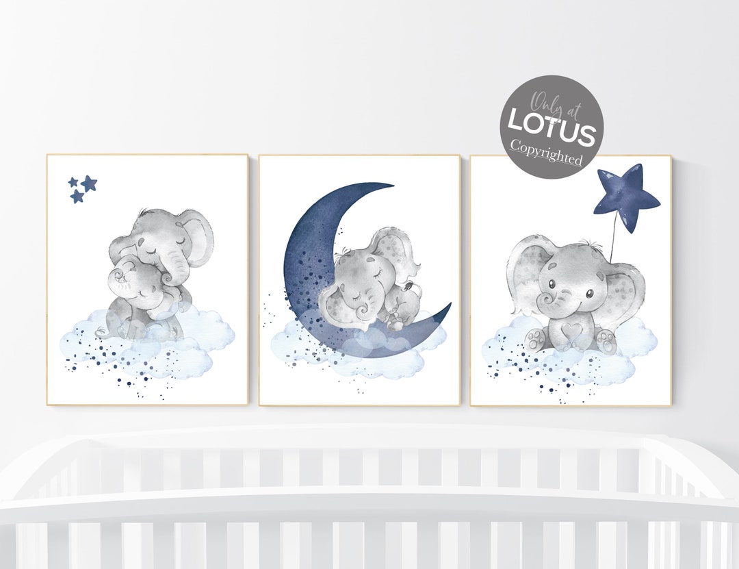 Navy nursery decor, moon and stars, navy blue nursery art. baby room ...