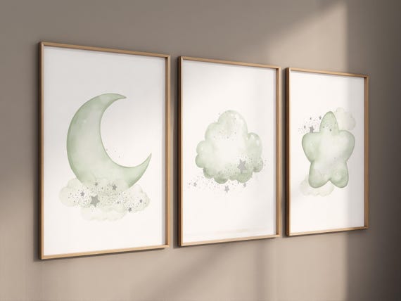 Sage green nursery decor, gender neutral nursery, sage green, moon and stars, set of 3, nursery prints, green nursery, star nursery