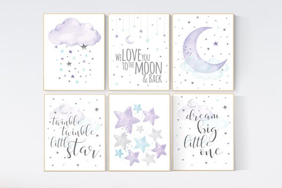 Nursery decor girl purple, turquoise, moon and stars, lilac, teal, nursery art. baby room, girl nursery decor, stars nursery, purple mint