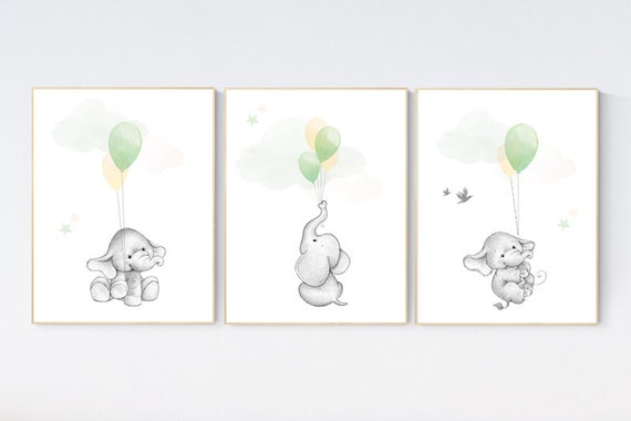 Green yellow nursery, Nursery decor animals, neutral nursery, green nursery, elephant nursery,  yellow nursery, gender neutral, twin nursery