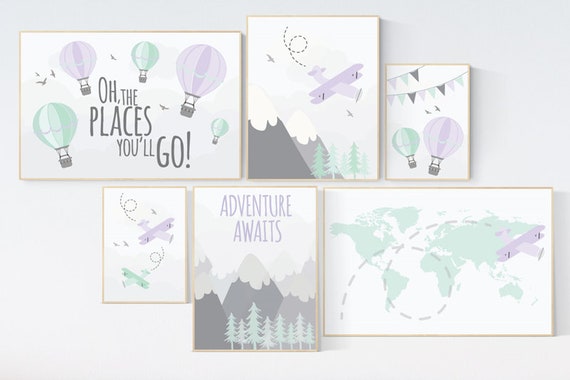 Nursery decor girl adventure, mountain, purple mint, lilac mint, Adventure theme nursery, hot air balloon, world map, lavender mint