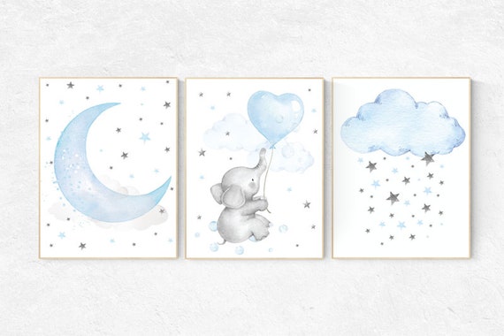 Elephant nursery, nursery decor elephant, Blue and gray, Nursery decor boy, nursery decor, clouds and stars, blue grey nursery wall art