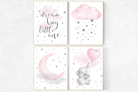 Nursery decor elephant, dream big little one, Nursery decor girl, pink and gray nursery, , pink nursery art, cloud and star nursery