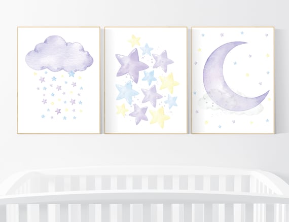 Purple yellow blue nursery, stars, cloud, moon nursery, nursery decor girl, nursery wall decor, set of 3 prints, girls room nursery ideas