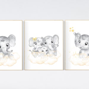 Nursery wall art neutral, nursery wall art elephant, moon and stars, gender neutral, baby room decor, elephant balloon, yellow grey, elegant
