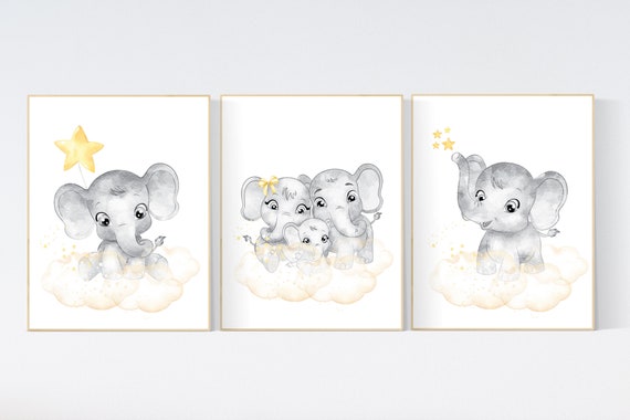 Nursery wall art neutral, nursery wall art elephant, moon and stars, gender neutral, baby room decor, elephant balloon, yellow grey, elegant