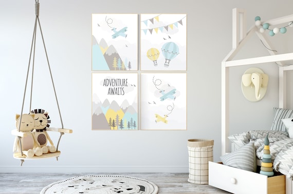 Adventure nursery decor, nursery decor airplane, world map nursery, adventure awaits, yellow blue nursery, travel theme, gender neutral