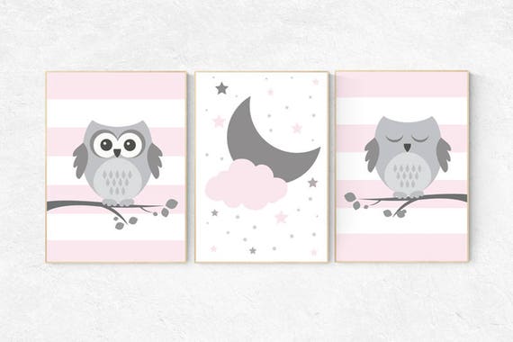 Nursery decor girl, nursery wall art pink and gray, Owl nursery wall art, baby girl room decor, baby girl nursery decor, pink grey