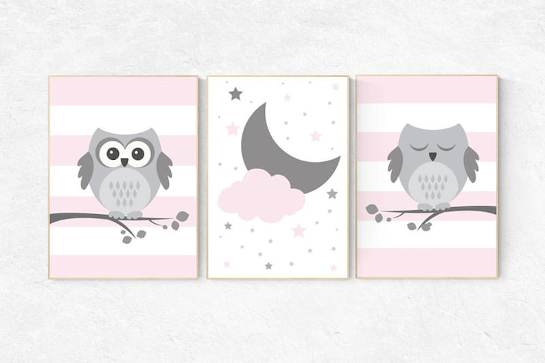 Nursery Decor Girl Nursery Wall Art Pink and Gray Owl Etsy