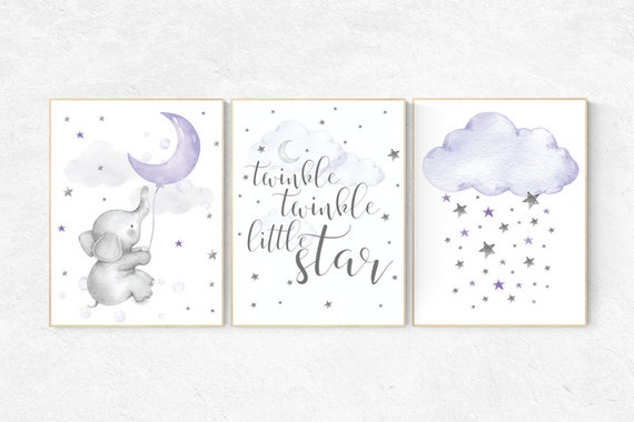 Nursery decor girl purple, nursery wall art, Nursery decor elephant, lavender and gray, lilac nursery, twinkle twinkle little star, purple