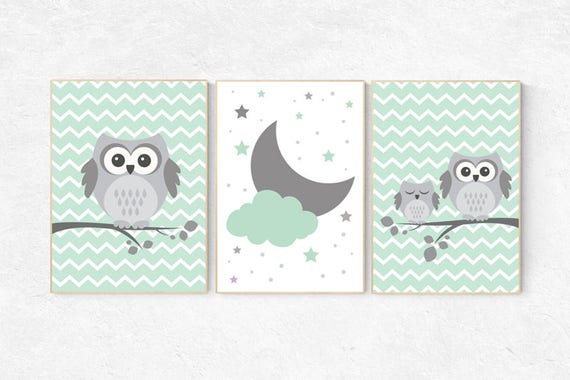 Nursery decor mint, nursery decor neutral, mint and gray nursery decor, owl nursery art, mint green nursery, green nursery, cloud and stars