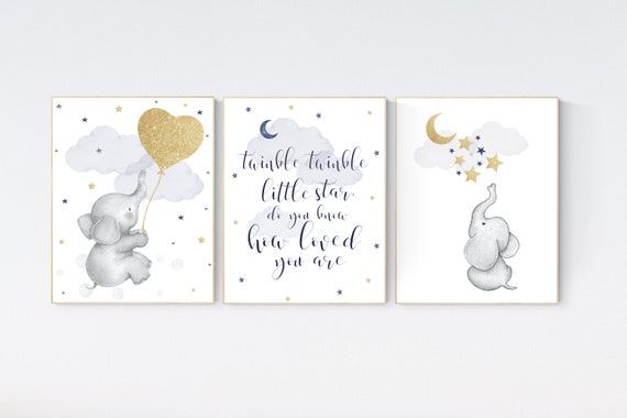 Navy nursery decor, cloud and stars, moon and stars, navy gold nursery art. baby room wall art, boy nursery decor, set of 3, nursery art