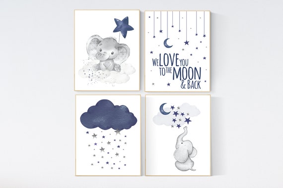 Nursery decor boy elephant, navy nursery decor, we love you to the moon and back, moon and stars, navy blue nursery art, elephant nursery