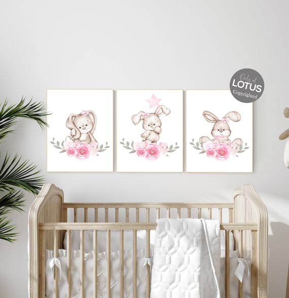 Nursery wall art bunny, pink nursery decor, Nursery decor girl flower bunny, bunny print nursery girl, rabbit nursery, rabbit print nursery