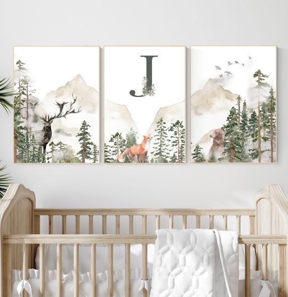 Nursery decor woodland, mountain wall art, tree nursery decor, adventure theme nursery, forest, sage green, beige, woodland animals