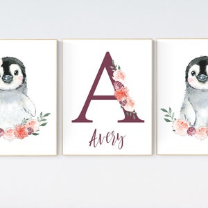 Penguin nursery, flower nursery wall art, girl nursery, baby room wall art, nursery wall art penguin, nursery decor girl, penguins