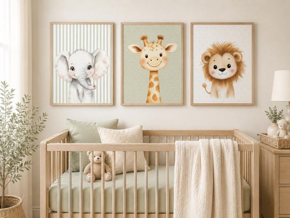 Safari Nursery Wall Art Set of 3, Elephant Giraffe Lion Prints, Sage Green