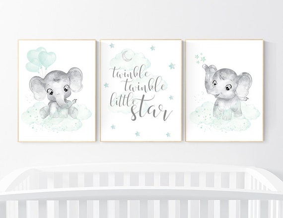 Nursery wall art gender neutral, nursery decor neutral, mint green nursery, baby room decor stars and moon, mint green, elephant baby shower