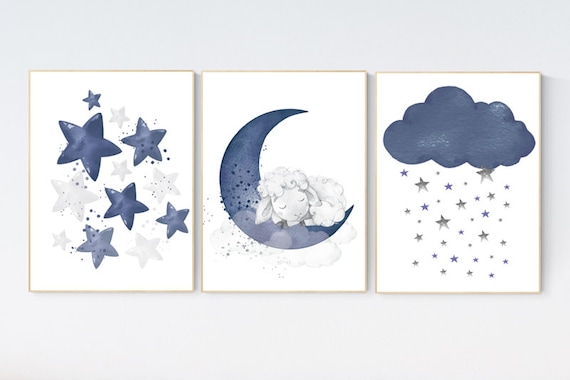 Sheep nursery decor, Navy nursery decor boy, nursery decor lambs, nursery wall art sheep, moon and cloud wall art nursery, navy grey nursery