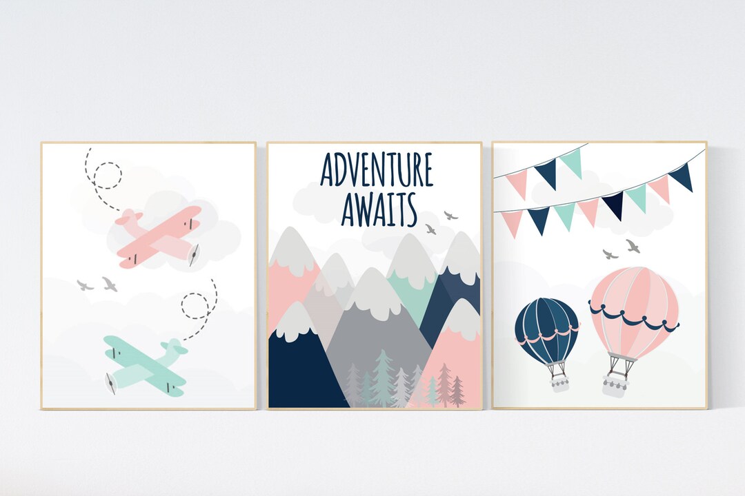 Adventure Nursery Art Print Set: Pink Airplane, Mountain, Hot Air ...