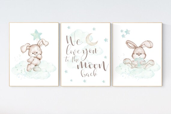 Nursery decor bunny, mint nursery, rabbit nursery, mint green nursery, we love you to the moon and back, gender neutral, woodland animals