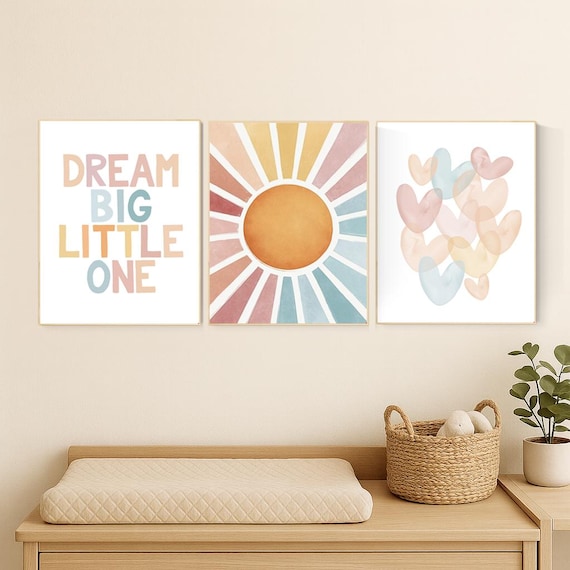 Rainbow Sun Nursery Decor: Dream Big Little One Print Set