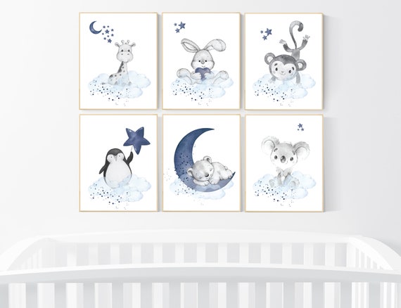 Nursery decor boy animals, nursery wall art boy, navy blue, animal prints for nursery, navy blue nursery wall decor, set of 6 prints