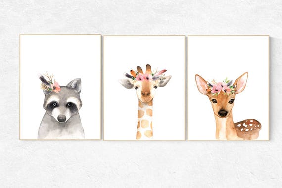 Nursery decor girls, Nursery prints woodland, animal flower crown, nursery prints animals, nursery decor girl flower, nursery decor flower