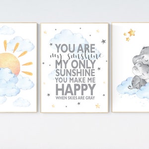 Nursery decor elephant, sunshine nursery, gender neutral nursery wall art, you are my sunshine, sun, cloud, baby room decor, blue yellow