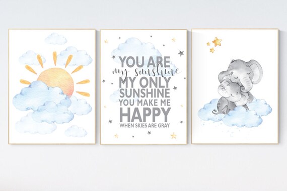 Nursery decor elephant, sunshine nursery, gender neutral nursery wall art, you are my sunshine, sun, cloud, baby room decor, blue yellow