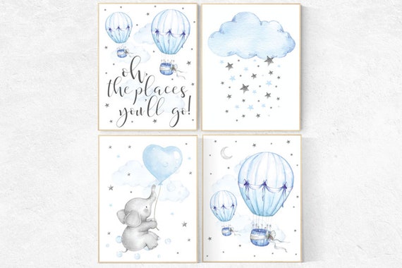 Hot air balloon nursery, elephant nursery, Blue and gray, Nursery decor boy, oh the places you'll go, cloud and star nursery, nursery art