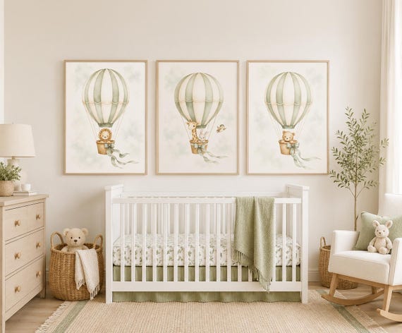 Sage Green Hot Air Balloon Nursery Art Set, Safari Animals Baby Room Prints