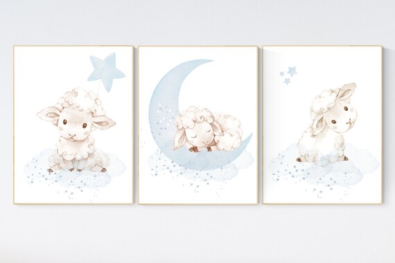 Sheep nursery decor, blue grey nursery, nursery decor lambs, nursery wall art sheep, moon and cloud wall art nursery, gray blue, nursery art