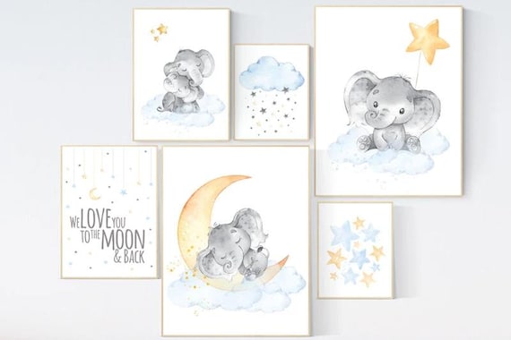 Nursery decor elephant, we love you to the moon and back, elephant balloon, gender neutral, nursery wall art, baby room