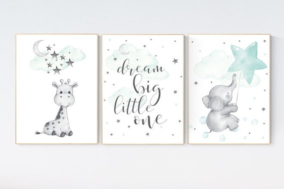 Mint nursery decor, gender neutral, giraffe nursery wall art, elephant nursery, dream big little one, baby room wall art, moon, cloud, stars