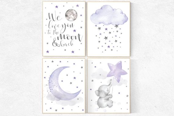 Nursery decor elephant, purple nursery wall art, nursery decor lavender, lilac, to the moon and back, cloud and stars, baby room decor